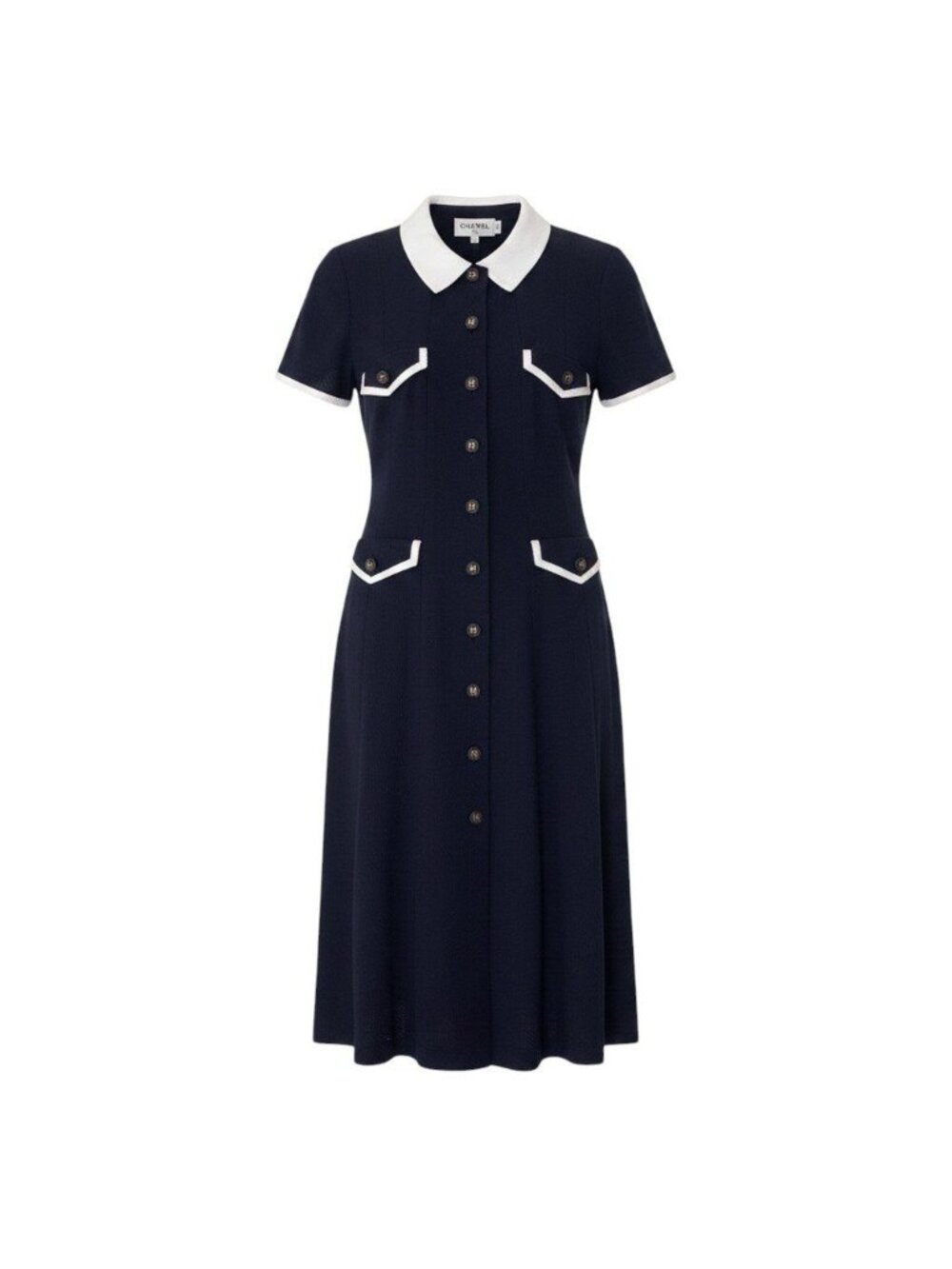Chanel Cg9 Runway CC Logo Button Dress 36 Sizes Navy White Cotton 100%